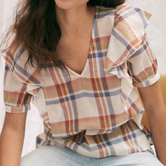 Madewell V Neck Shoulder Ruffle Top Blouse Shady Plaid Rusted Tin Small EUC - Picture 4 of 11